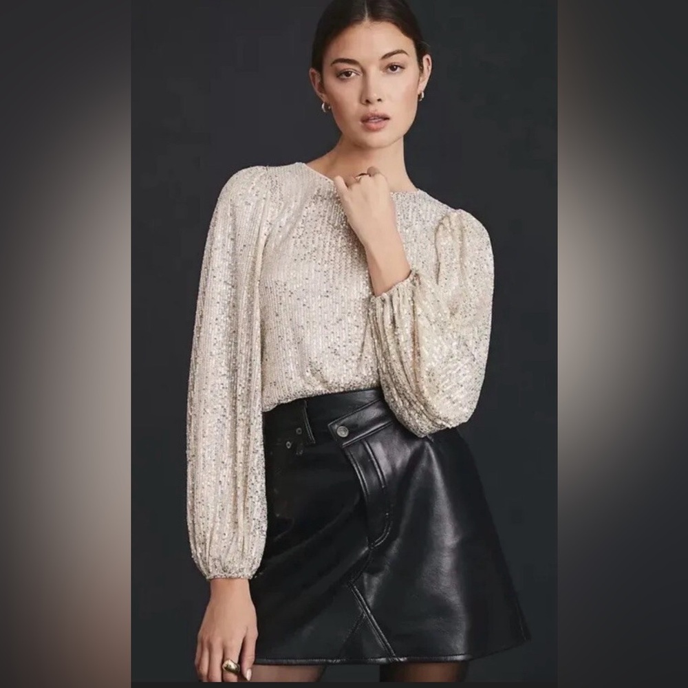 Anthropologie Cream Sequin Long Sleeved Blouse - Size XL